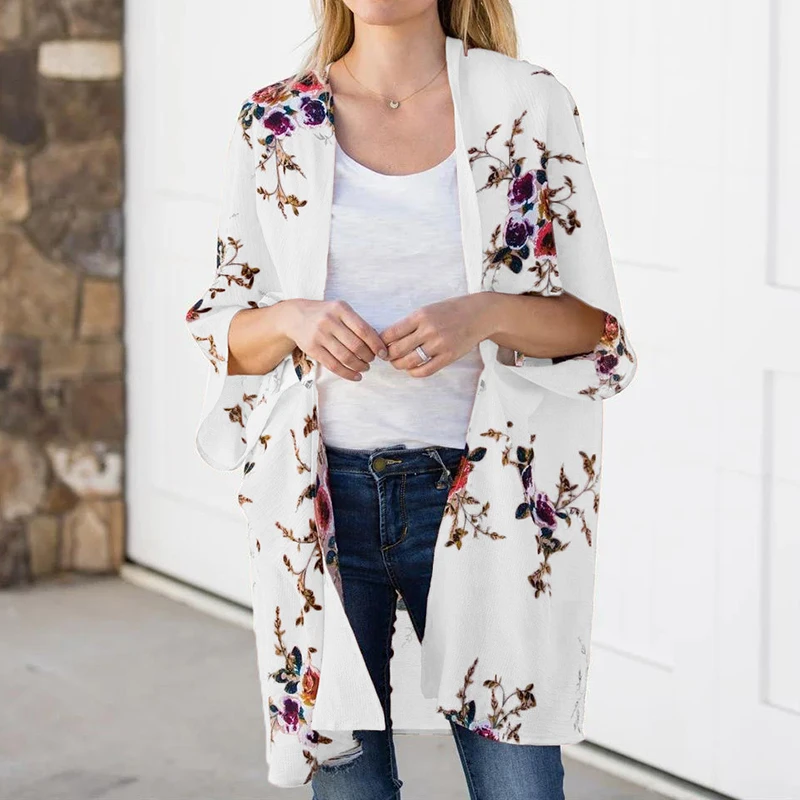 

Womens Boho Summer Holiday Blouse Thin Versatile Bat Sleeves Tops Shirts Female Floral Printed Loose Shawl Long Kimono Cardigan