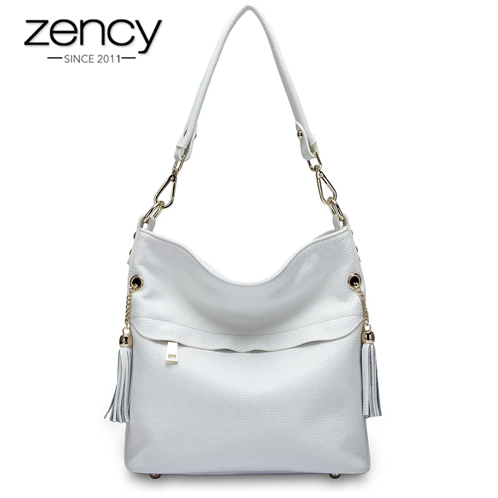 Bolsa de Ombro Feminina com Borla Zency Genuíno Couro Charme Moda Lady Messenger Crossbody Bolsa Preto Branco 100%