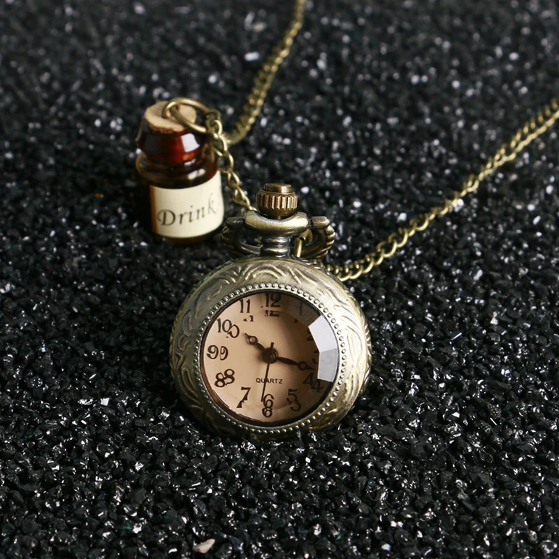 Рождественский подарок бронза темно-коричневый Стекло Цепочки и ожерелья прозрачный карманные часы Drink Me бутылка кулон Медь для Для женщин