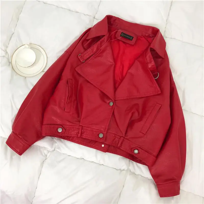 FTLZZ куртка из искусственной кожи женская винтажная свободная уличная байкерская куртка однобортная мотоциклетная кожаная куртка женская короткая верхняя одежда - Цвет: Red