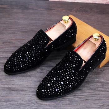 

plus size mens British style cow leather shoes rhinestone stage night club dresses slip on lazy shoe smoking loafers man zapatos