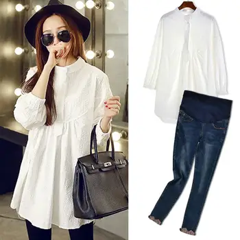 

2019 New Fashion Pregnant Women Causal Suit Maternity Cotton Solid Top+Elastic Denim Jeans Pants Sets Pregnancy Clothes Set Q788