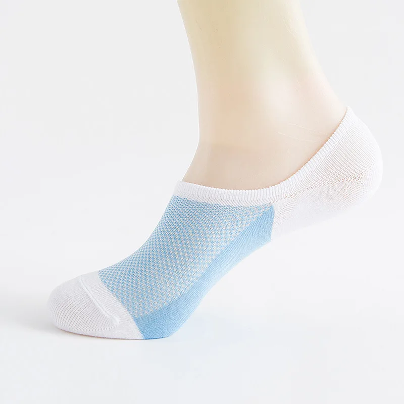 Качественные сетчатые Трикотажные мужские хлопковые невидимые носки-башмачки силиконовые Нескользящие стильные цветные дышащие летние носки с закрытым носком - Цвет: White Blue