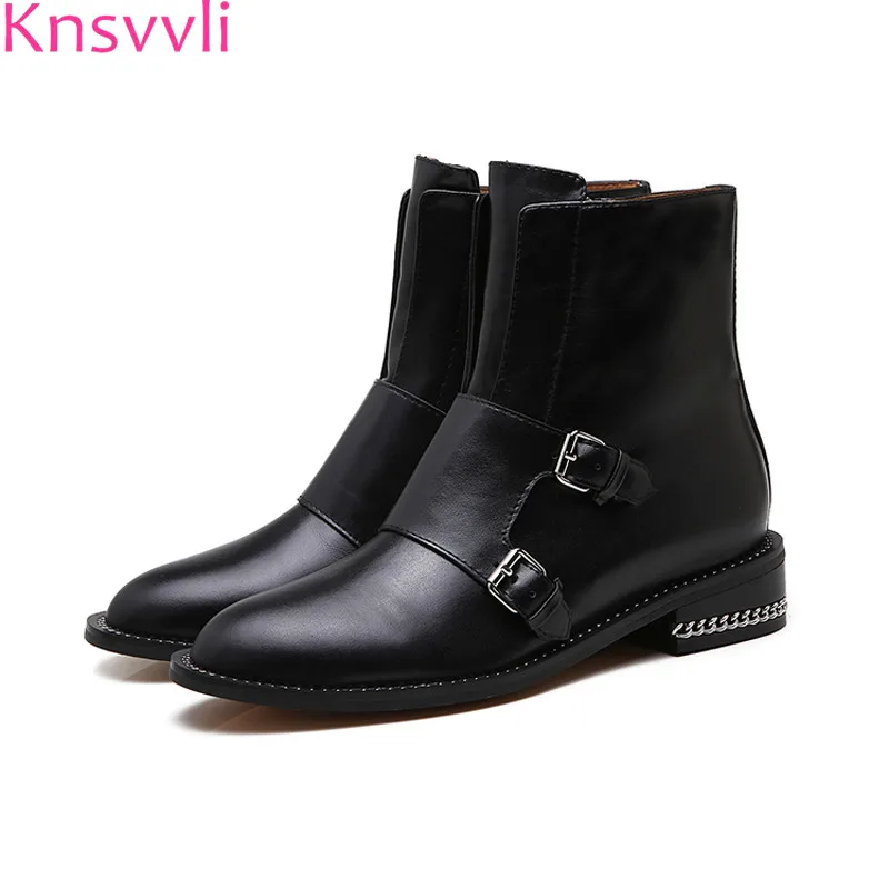 

Knsvvli chain short boots woman flat 2018 autumm round toe martin boots genuine leather black belt buckle women motorcycle boots