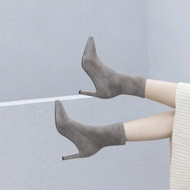 

Eunice Choo Slip On Stretch Boots Pointed Tie Square High Heels Mid Calf Women Sock Booties Flock Ladies Autumn Solid Shoes