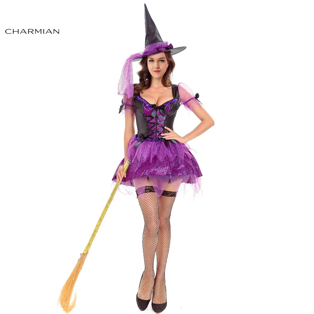 Charmian Sexy Women Witch Halloween Costume Adult Gothic Purple Deep V