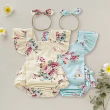 На возраст от 0 до 18 месяцев, летняя детская одежда для новорожденных девочек с цветочным рисунком; комплект комбинезона с расклешенными рукавами комбинезон с повязкой