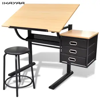 

Three Drawers Drawing Table with Stool Drawing Writing Desk 3 Slide-out Drawers Thickly Padded MDF Powder Coated Iron Legs