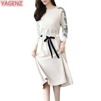 

YAGENZ Elegance Embroidery Pullovers Womens Dresses Long section Fashion O-Neck Long sleeves Slim Spring Autumn Dress Women 836