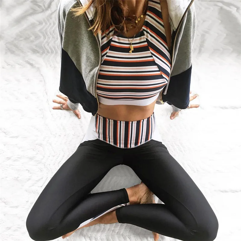 

New 2 Piece Fitness Set Strips Patchwork Women Yoga Suits Sport Bra&Pants Suit Sportswear Strap Top Yoga Leggings Gym Clothing