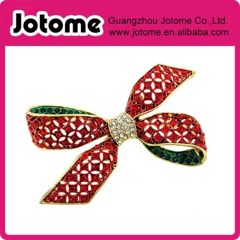

Red Green Bow Crystal Brooch Pin 2.375 x 1.875 inches