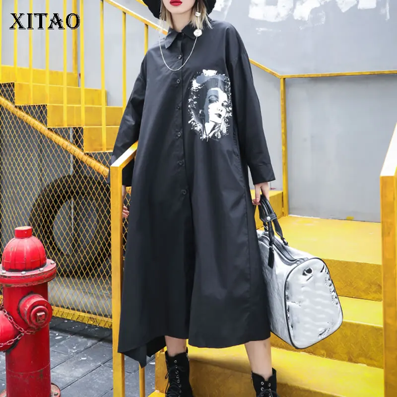 

[XITAO] Women 2019 Spring Summer Turn-down Collar Full Sleeve Loose Dress Female Cartoon Print Pattern Mid-calf Dress ZLL3384
