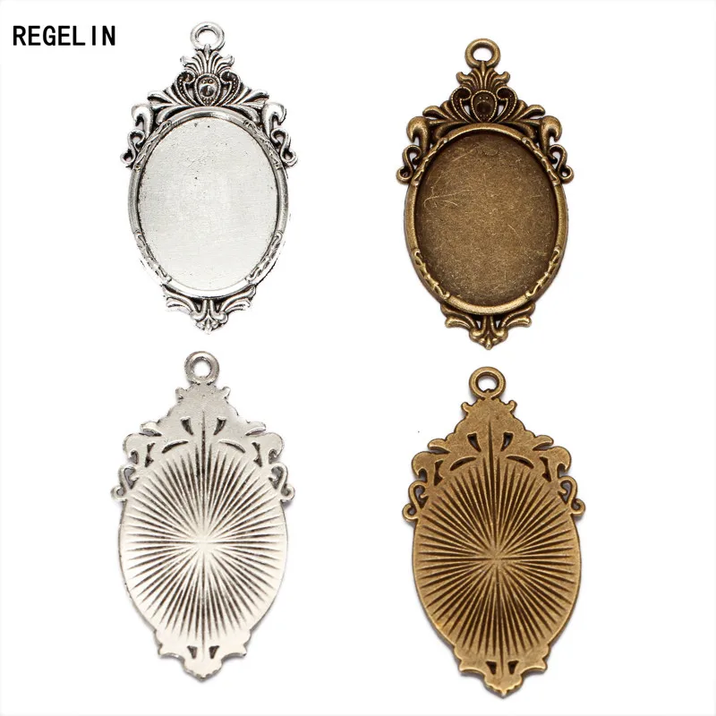 

REGELIN High Qualtity 10pc two color filigree cameo cabochon Fit 18*25mm base setting pendant tray Antique Bronze/Antique Silver
