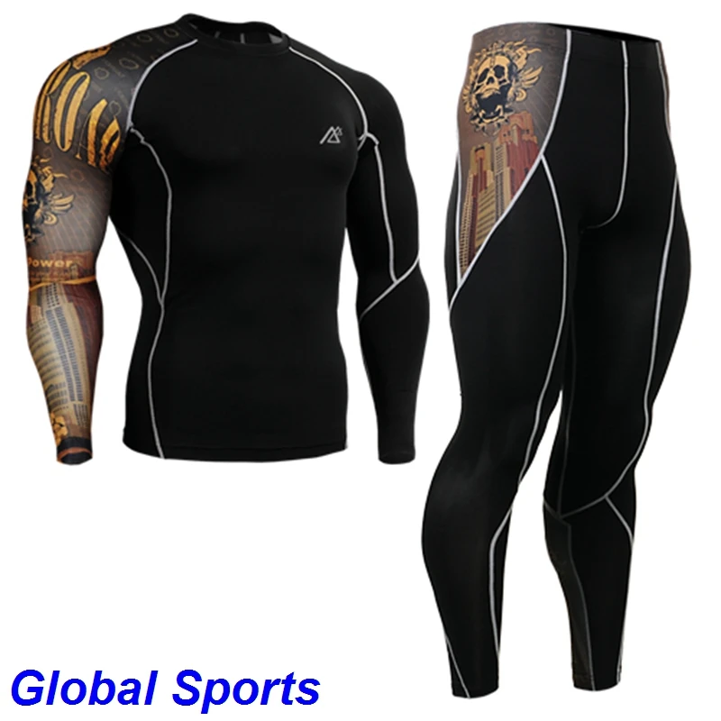 

2017 Gold skulls Print men running suits Yoga Sets Sports Fitness Clothes Set For men spandex Workout Clothing Two-piece Suit
