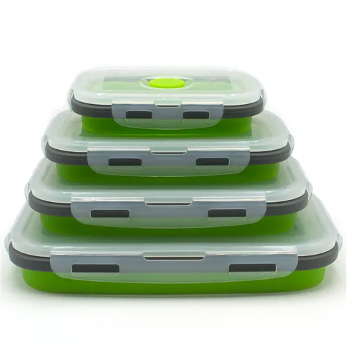 Green Lunch Box 4 шт., силиконовая складная коробка для бэнто, Складной Портативный Ланч-бокс для еды, столовая посуда, контейнер для еды, миска для детей - Цвет: Green Lunch Box