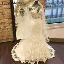 Сексуальные летние свадебные платья русалки дешевые пляжные садовые Illusion Sheer шеи Кружева Аппликации корт поезд Merry свадебные платья