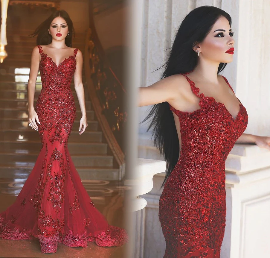 Sexy Longue Robe De Soirée 2017 Illsuion Col Sans Manches Perles Applications Sirène Robes De Bal