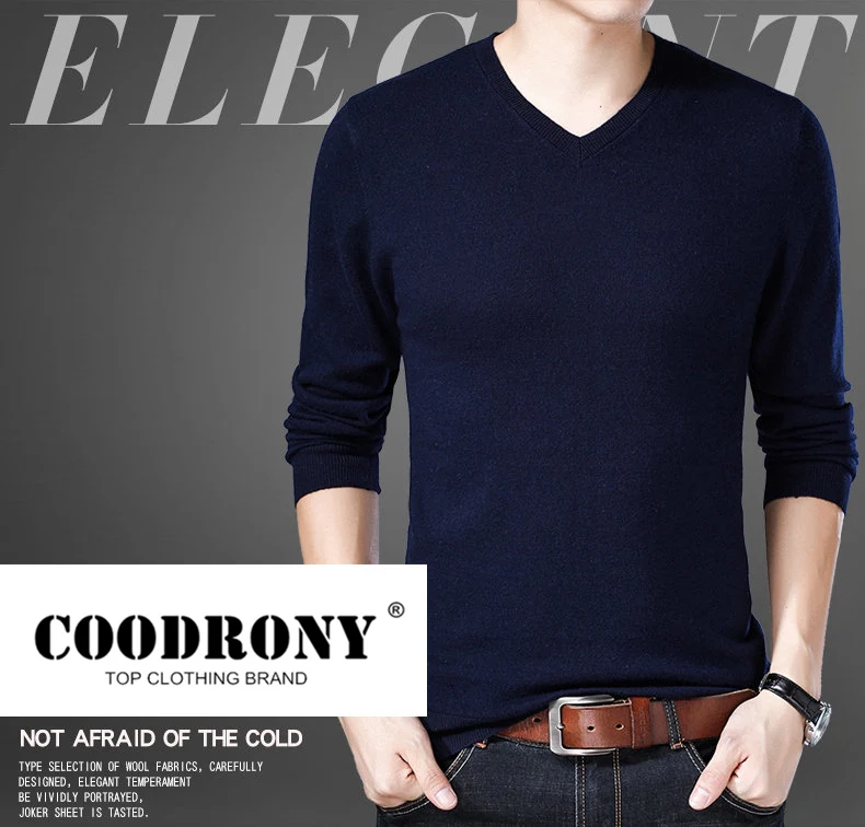 COODRONY, свитер из чистой мериносовой шерсти для мужчин, Осень-зима, толстый теплый мужской свитер, кашемировый пуловер, Мужской Повседневный пуловер с v-образным вырезом W006