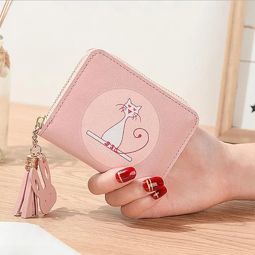 Женский кошелек с котом, короткая сумка на молнии для монет, милая модная маленькая Корейская версия студенческой сумки с магнитной пряжкой - Цвет: Розовый