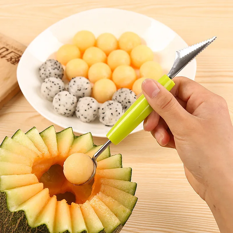 Double Head Stainless Steel Watermelon Digging Ball Kitchen Tool Watermelon Carving Knife Fruit Ice Cream Digging Ball Spoon