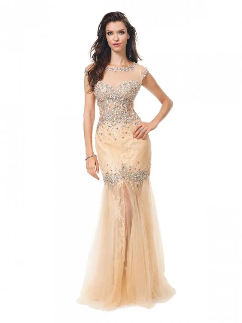Beaded Champagne Mermaid Prom Dress For Prom Dresses 2015 Long Party Gowns Open Back Cap Sleeve