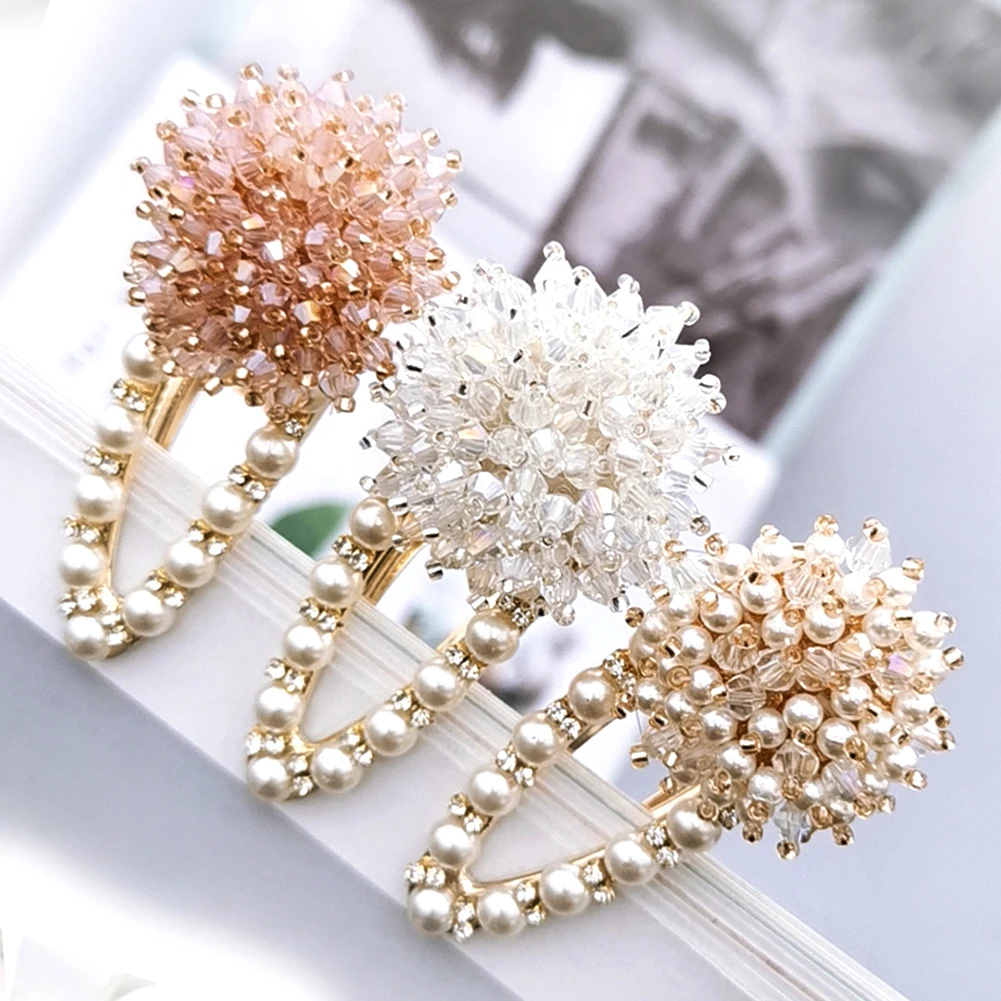 

New Korean Crystal Rhinestone Hair Pins Imitation Pearl Flower Hair Clips Handmade Waterdrop Hairclips Accessories for Girls