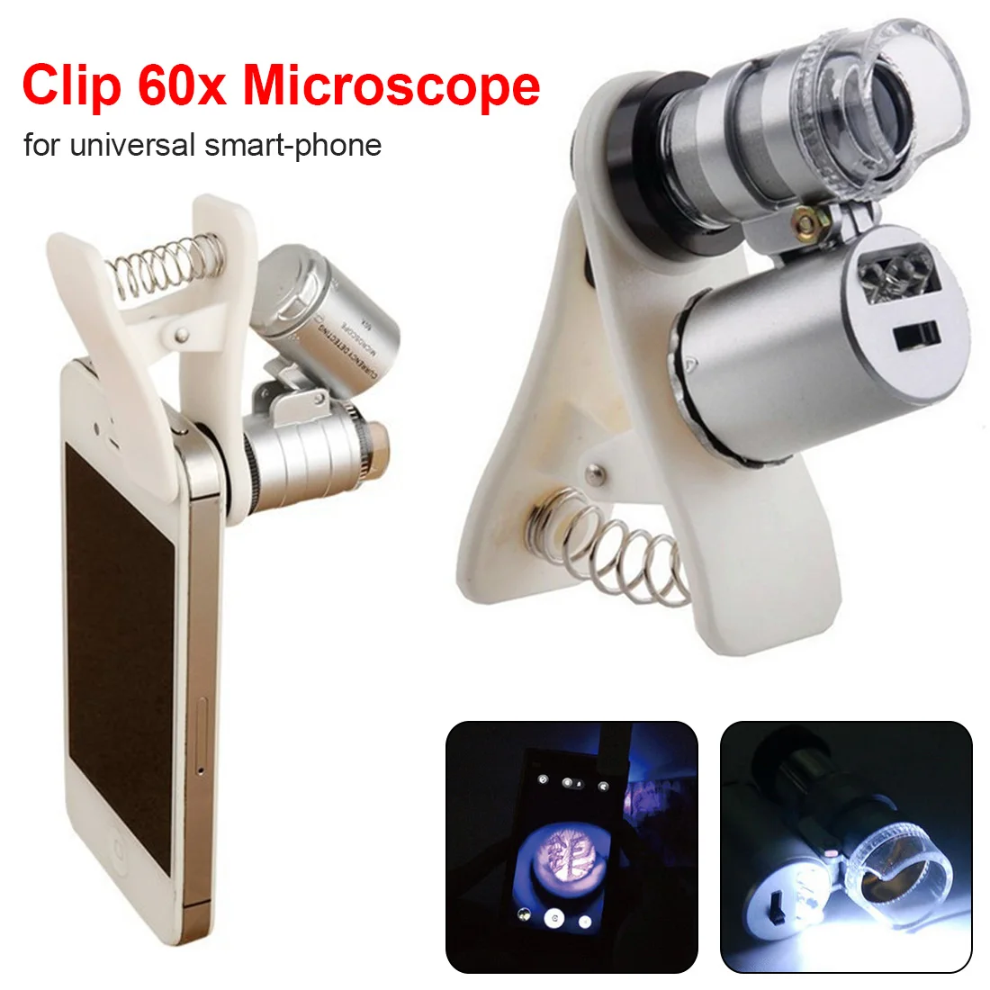 

Accessory Magnifier Lens for universal smart-phone 60X Chip-on Microscope UV currency detector For Portable LED Light