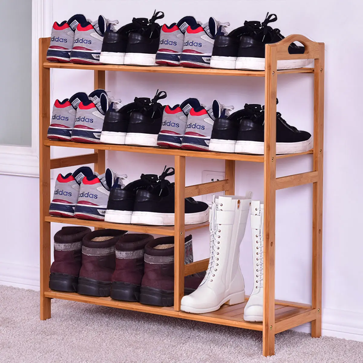 Giantex 4 Tier Multifunction Bamboo Shoe Rack Boot Tower Shelf Modern Home Shoes Storage Organizer Stand HW56488
