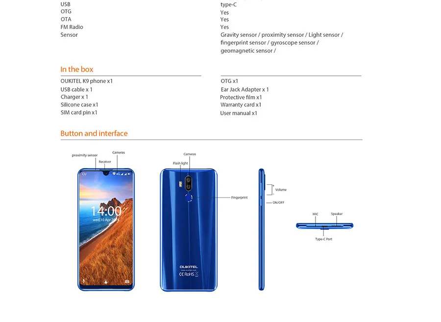 OUKITEL K9 водослива 7,1" FHD+ 1080*2244 16MP+ 2MP/8MP смартфон 4GB 64GB Face ID 6000mAh 5 V/6A Быстрая зарядка OTG Мобильный телефон