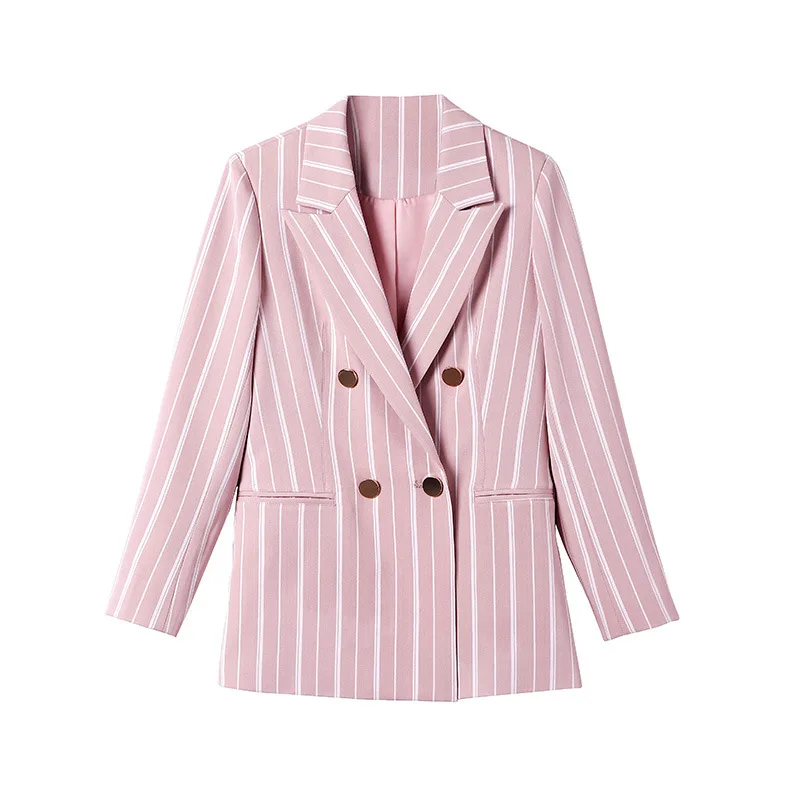 Pink Striped Coat Star Same OL Commuter Women Spring 2019 Button Notched Double Breasted Striped Women Jacket Suit Coat Women