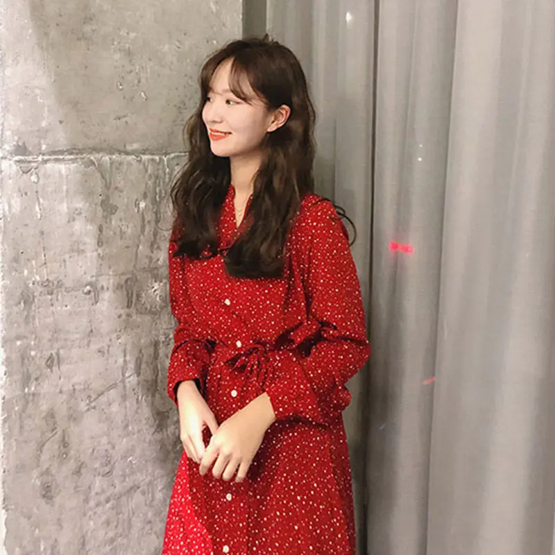 

Casual Loose Dress Women Korean Spring 2019 Fashion Lady Vestidos Dot print Vintage Button Shirt Dress Sashes Split Elbise f654