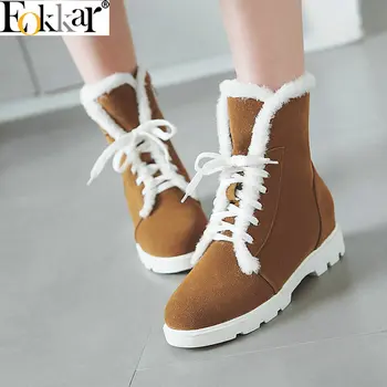 

Eokkar 2019 Women Snow Boots Flock Fashion Shoes Women Square Heel Round Toe All Match Increase Heel Winter Shoes Size 34-43