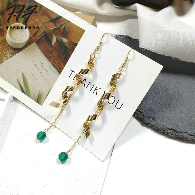 

Piercing Long Earrings For Women Earings Fashion Jewelry Gold-Color Green Crystal Spiral Tassel Style Jewellry 2018 KA205 KA206