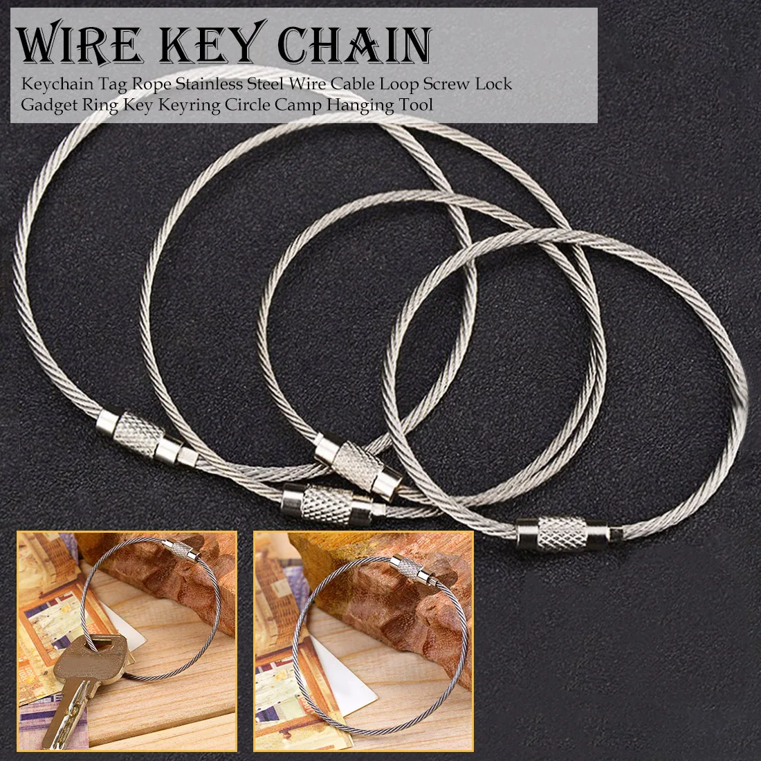

10pcs Keychain Tag Rope Stainless Steel Wire Cable Loop Screw Lock Gadget Ring Key Keyring Circle Camp Hanging Tool