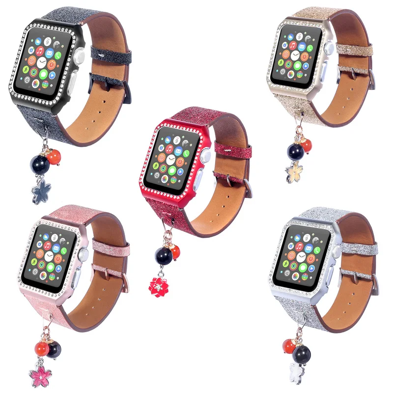 Watchband with Case Ornament for Apple Watch Band Bling Leather 38mm 42mm Series 3 2 1
