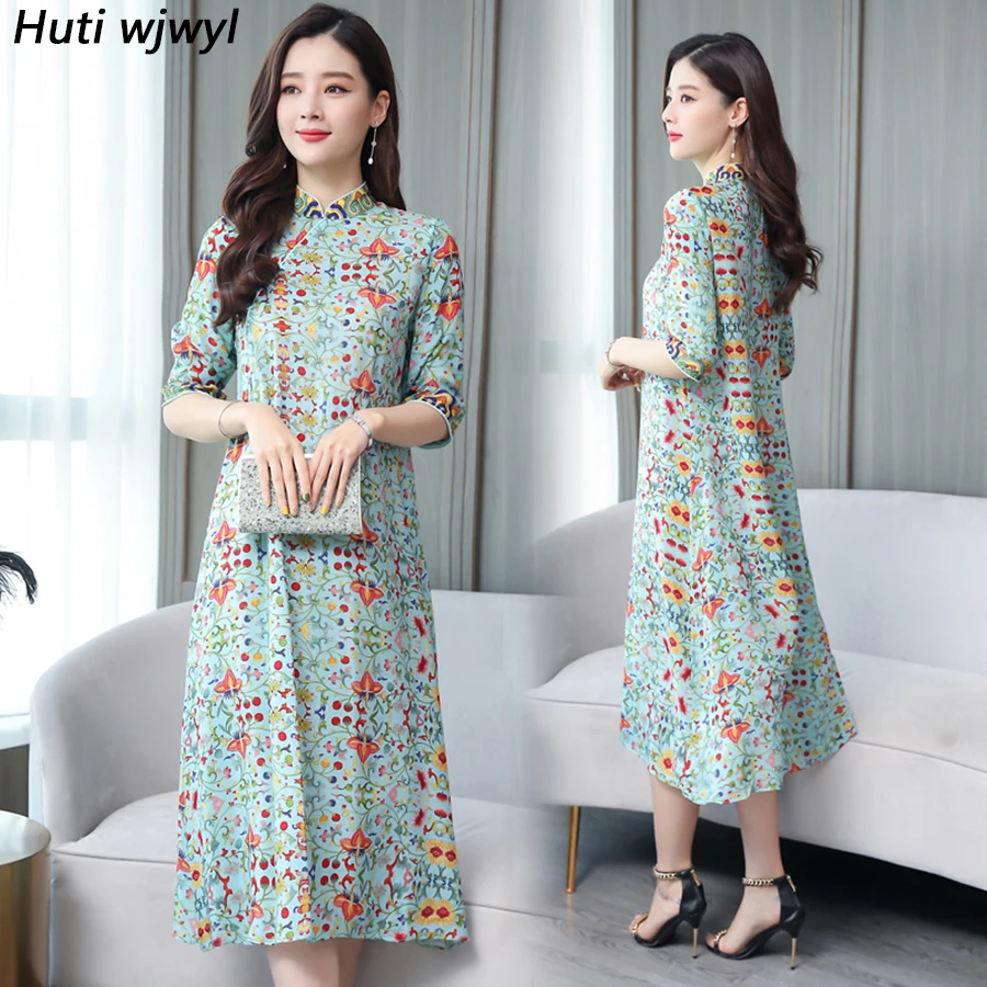 

2019 New Vintage Print Slik Beach Midi Dresses Summer Plus Size Chinese Stlye Maxi Sundress Elegant Women Bodycon Party Vestidos