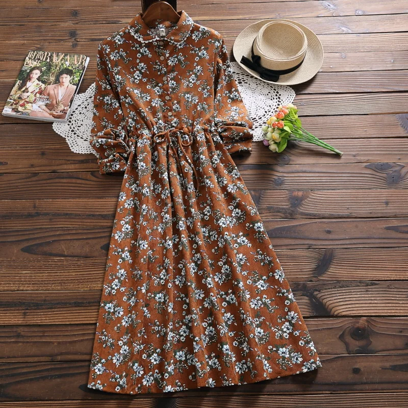 

2019 New Autumn Winter Elegant Floral Print Dress New Fashion Long Sleeve Cotton Casual Dress Mori Girl Vestidos