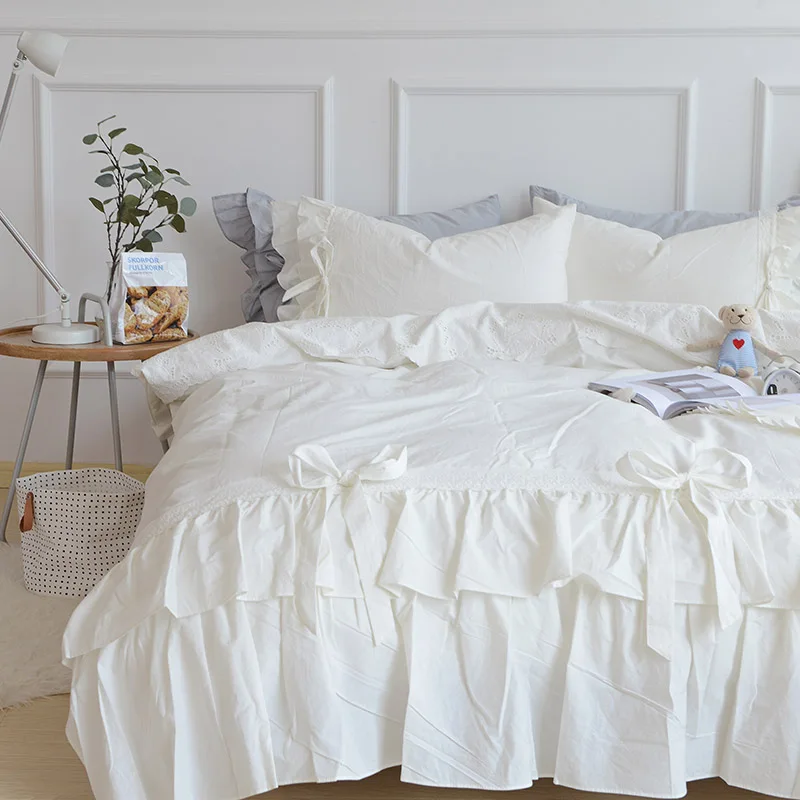 White Korean style bedding set 4pcs washed cotton duvet cover set bed