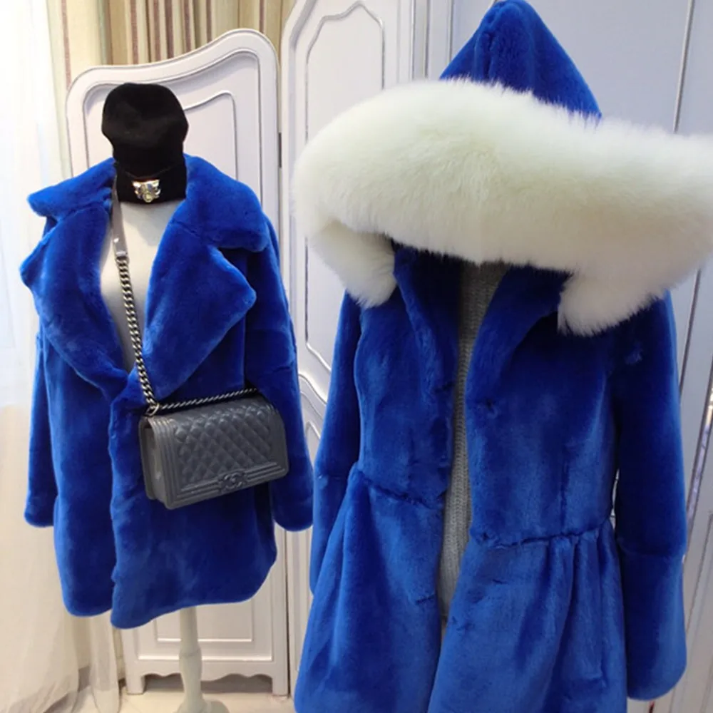 2017 Fall autumn and winter blue faux fur jacket coat with hood for ...