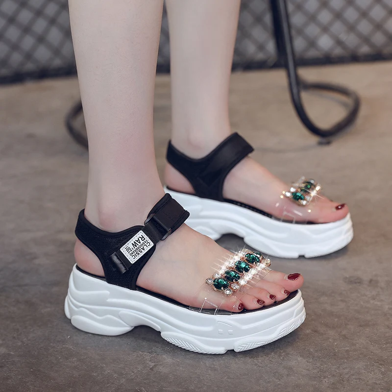 Rimocy 2019 Summer Woman Big Rhinestone Sandals Femme Clear Band Thick Bottom Wedges Casual Shoes Woman Platform Chunky Sandals