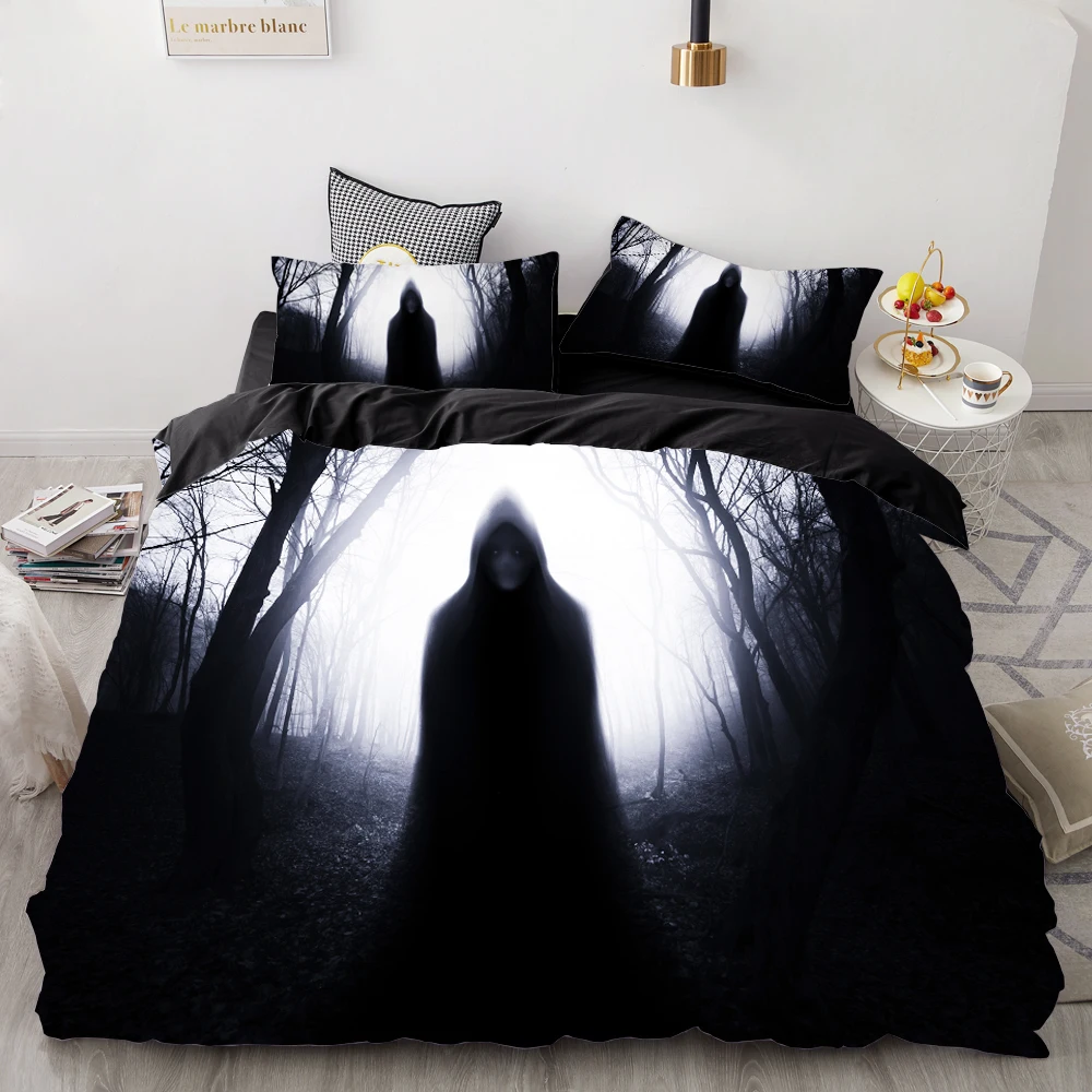 Набор постельного белья с 3D принтом на заказ/Европа/США королева/король, набор пододеяльников, одеяло/покрывало, набор на Хэллоуин черный лес, Прямая поставка