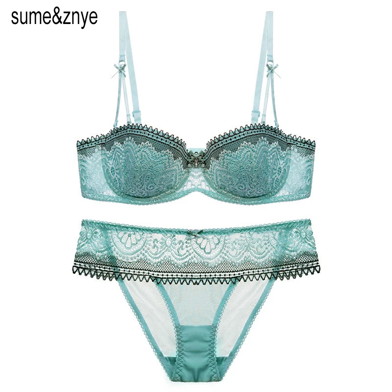 Europe French Underwear Women Intimate sexy lace Bra And Thong Set Black and green 1/2 Cup Lace