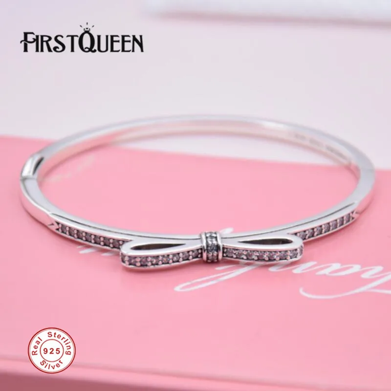 

FirstQueen Solid 925 Sterling Silver Fashion Bow Design Bangle Bracelet DIY For Jewelry Making 2017 Christmas Gift Fine Jewelry