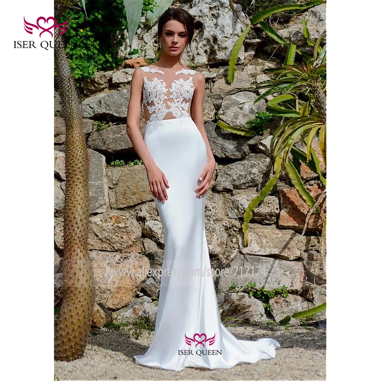 

Scoop Neckline Delicate Embroidered Lace on Net Lustrous Satin Trumpet Bridal Dress Button Vogue Portuguese Vestido Noiva w0557