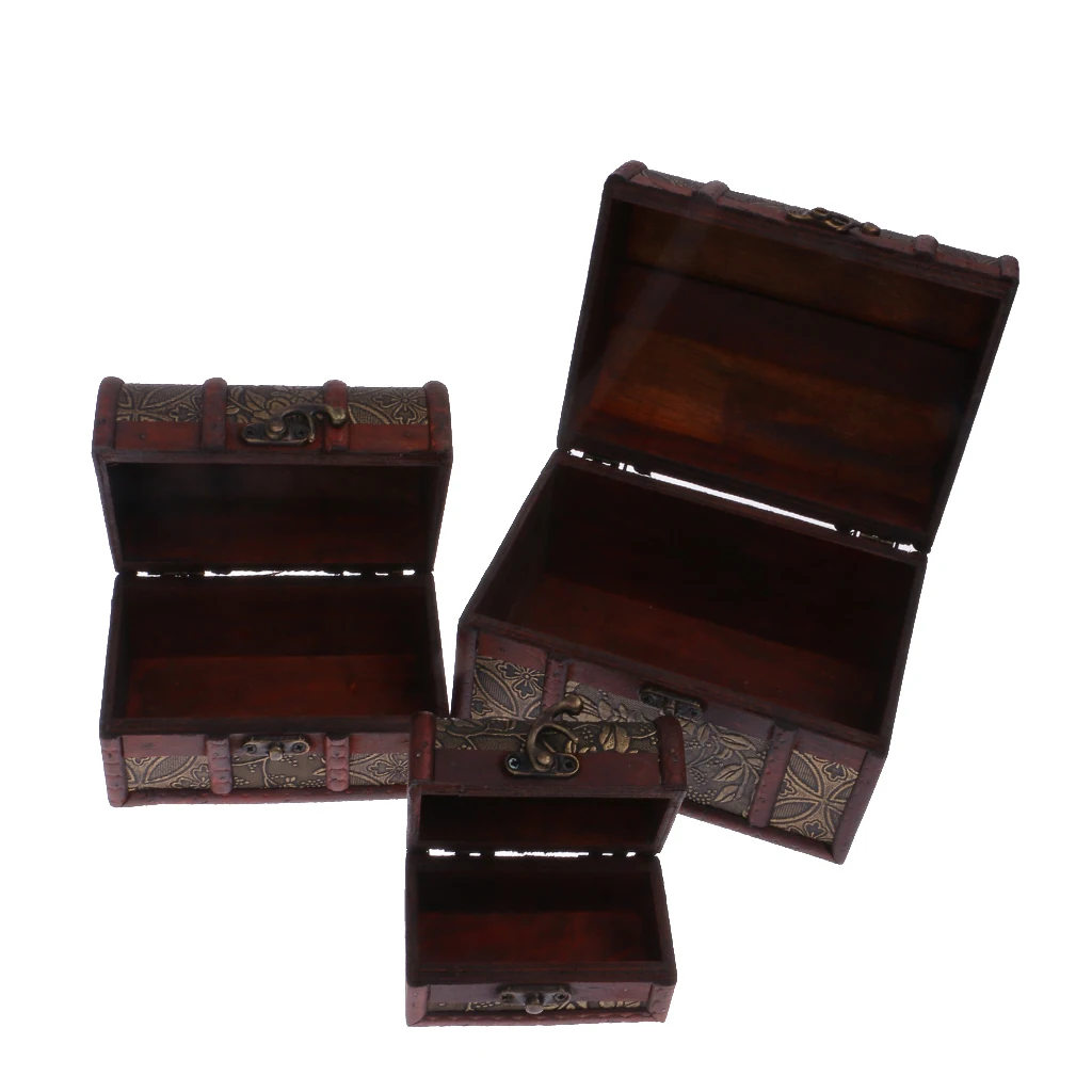 Jewelry Organizer Vintage Wooden Treasure Trinket for Earrings Rings Necklace Jewelry 3 pcs Set Small Medium Big