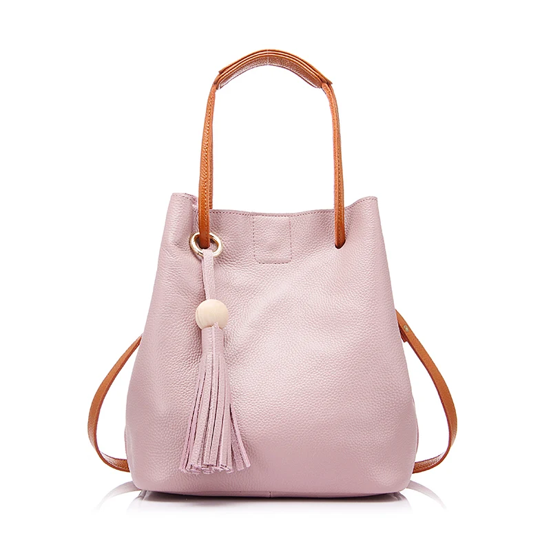 REALER сумка-мешок на шнурке женская сумка из натуральной кожи женская сумка через плечо с кисточкой женская сумка-тоут - Цвет: Розовый
