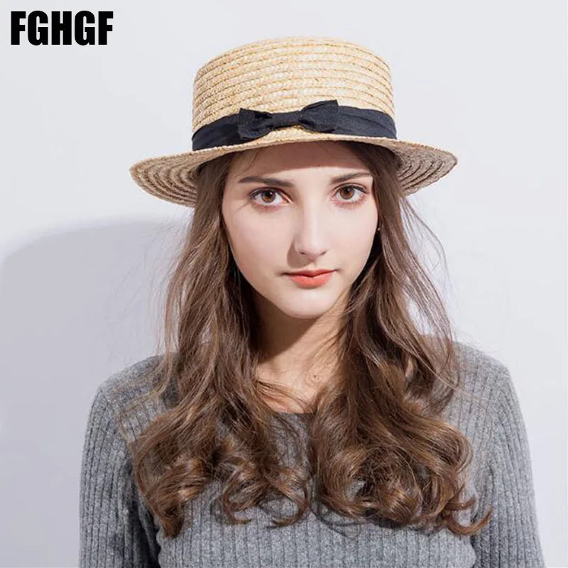 

FGHGF Elegant 5.5cm Wide Brim Natural Women Straw Hats Bow Skimmer Flat Top Beach Boater Hat Ladies Sun Cap Kentury Dervy Hat