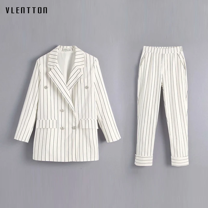 

Autumn Striped Women Pant Suits Double Breasted Metal Button Office Blazer Jacket+Elastic waist Pants Casual Female 2 Piece Set