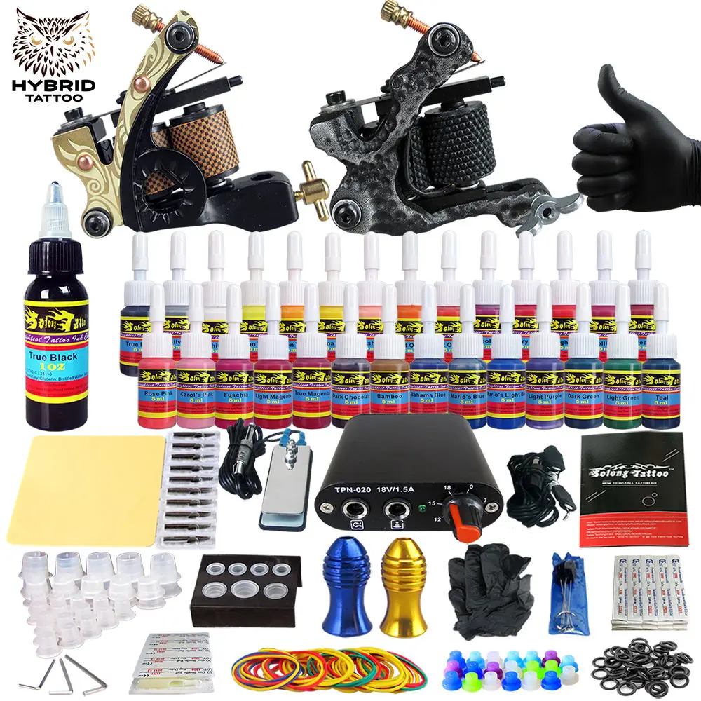 

Hybrid Complete Kit For Tattoo Liner and Shader Beginner Power Supply Foot Pedal Grips Needles Ink Set Tattoo Body&Art TK204-6