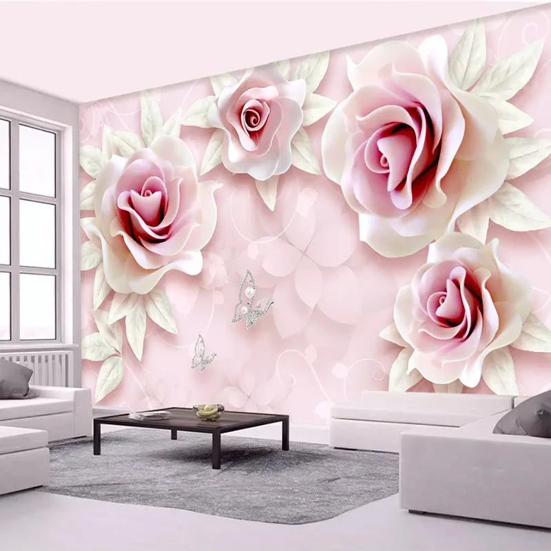 Custom Mural Wallpaper Fresh Simple 3D Embossed Pink Rose Art Mural Living Room Bedroom TV Backgroun